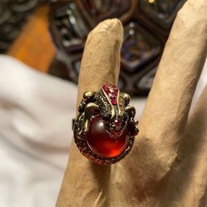 Jeweled Frog & Brass adjustable Statement Ring size 6-8+